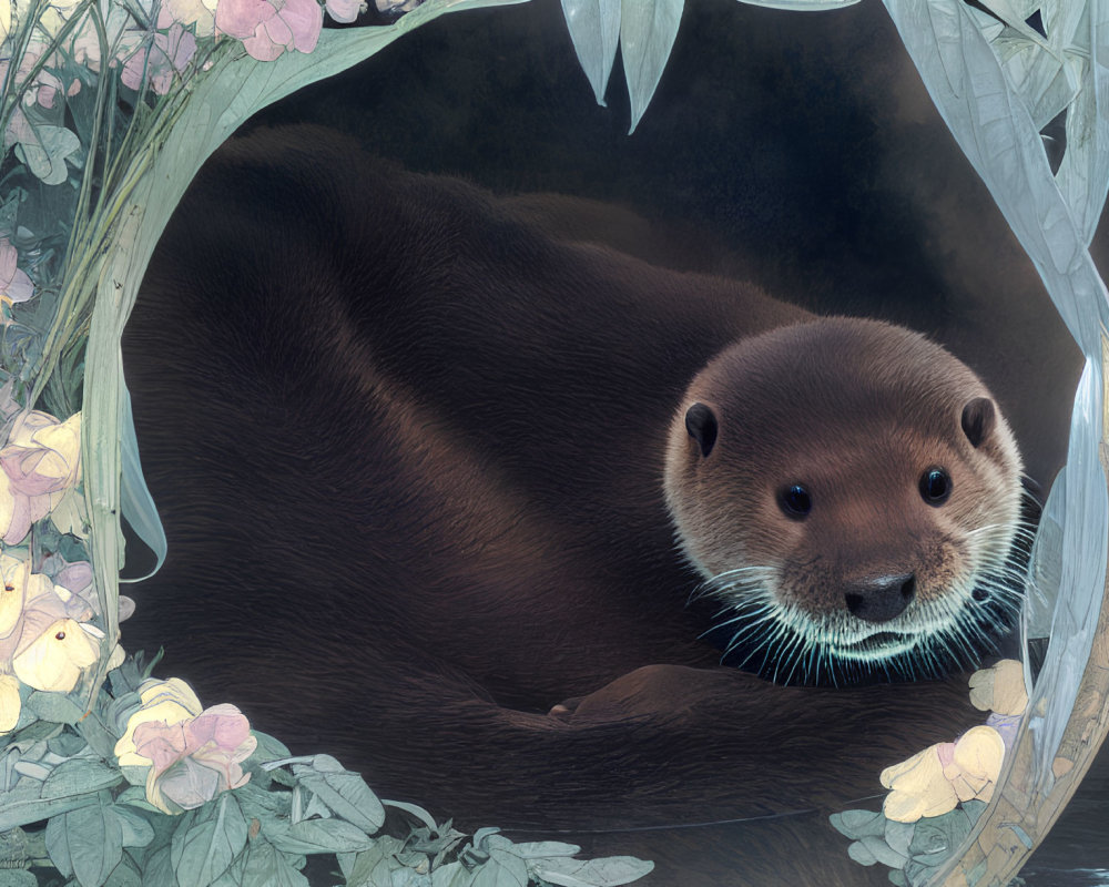 Illustrated otter peeking through circular frame with flowers and foliage