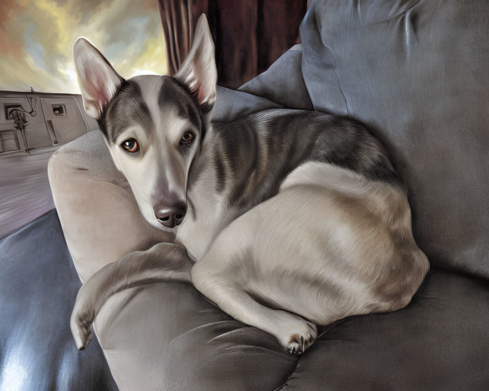 Digital Artwork: Resting Dog with Striking Eyes on Couch