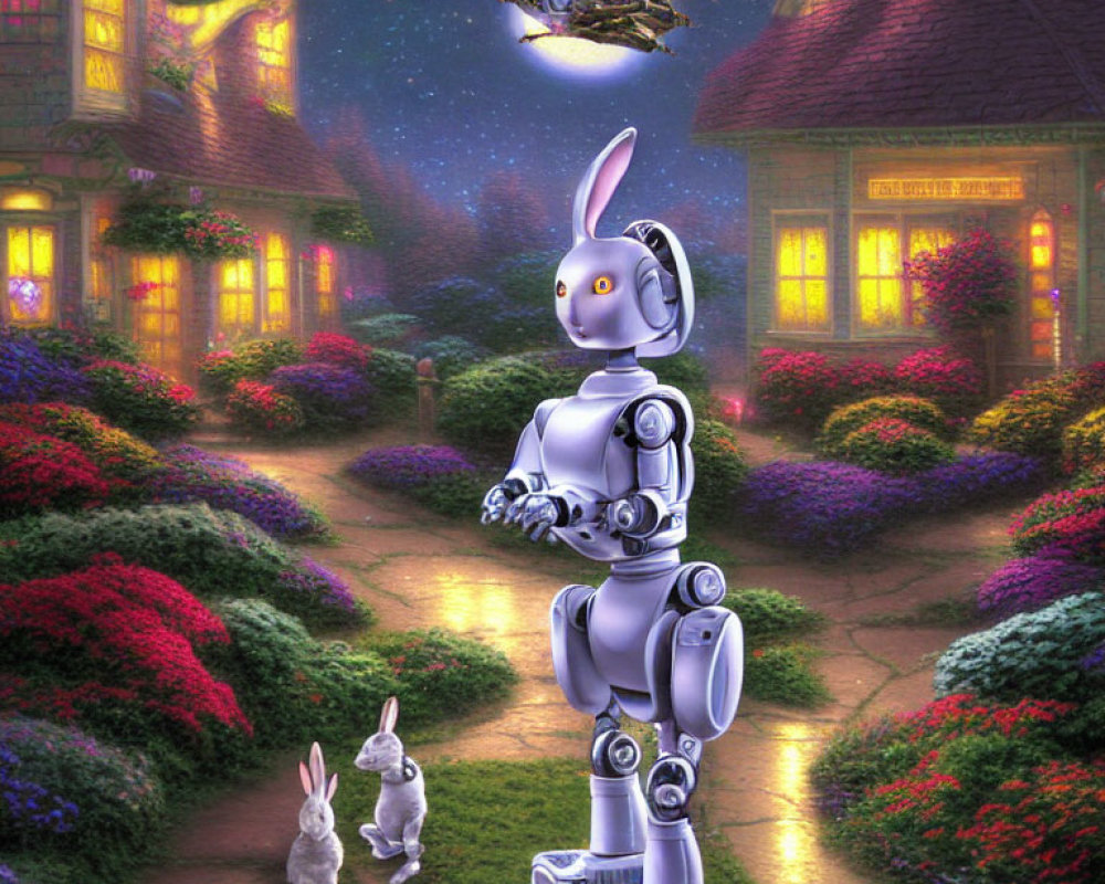 Robot with rabbit-like features in night garden scene with real rabbits and flying vehicle