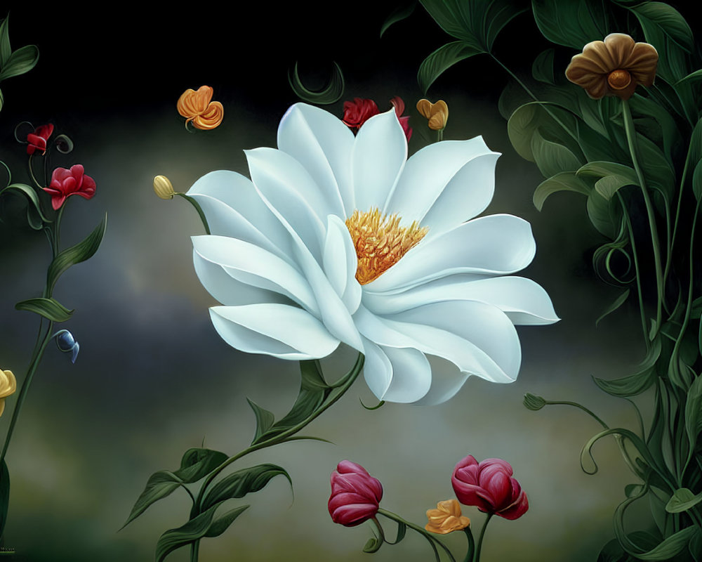 Digital painting: Central white flower with golden center surrounded by colorful flowers on dark background