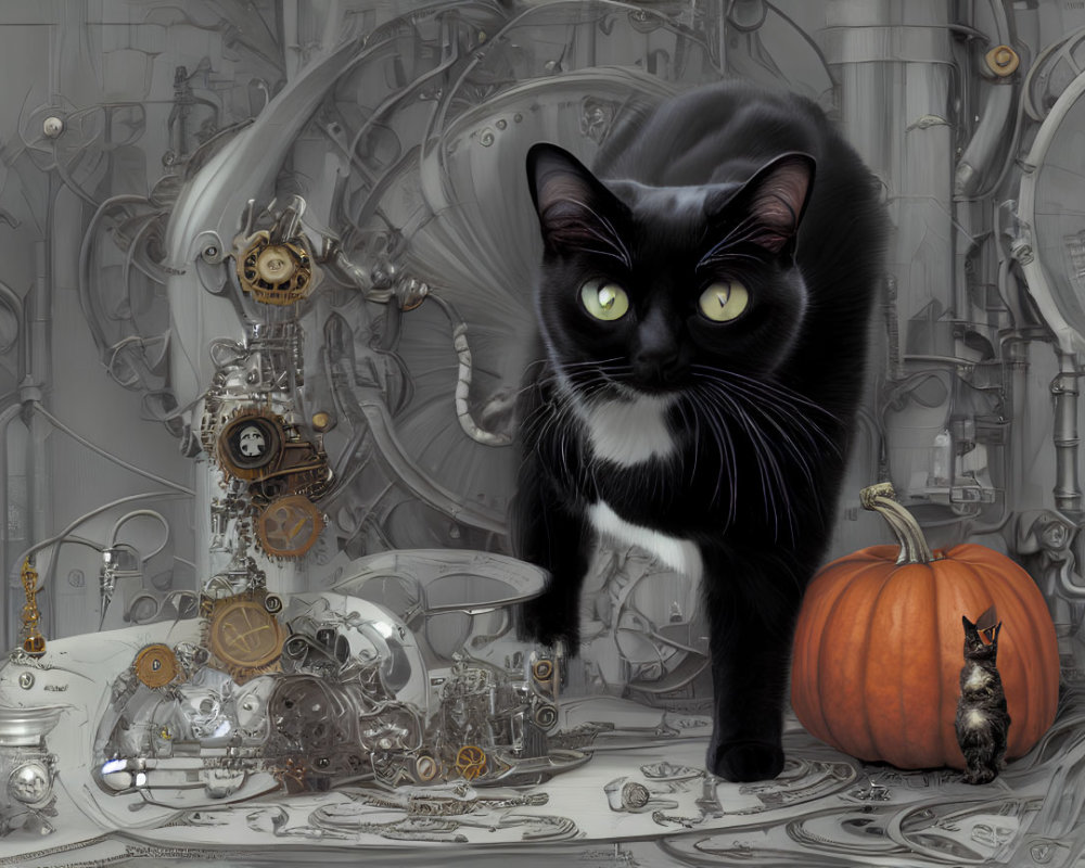 Black Cat with Green Eyes on Mechanical Background with Pumpkin, Mouse, Gears, and Clock Parts
