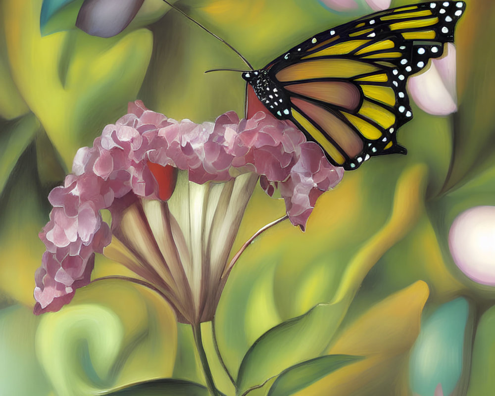 Colorful monarch butterfly painting with pink flowers and green leaves