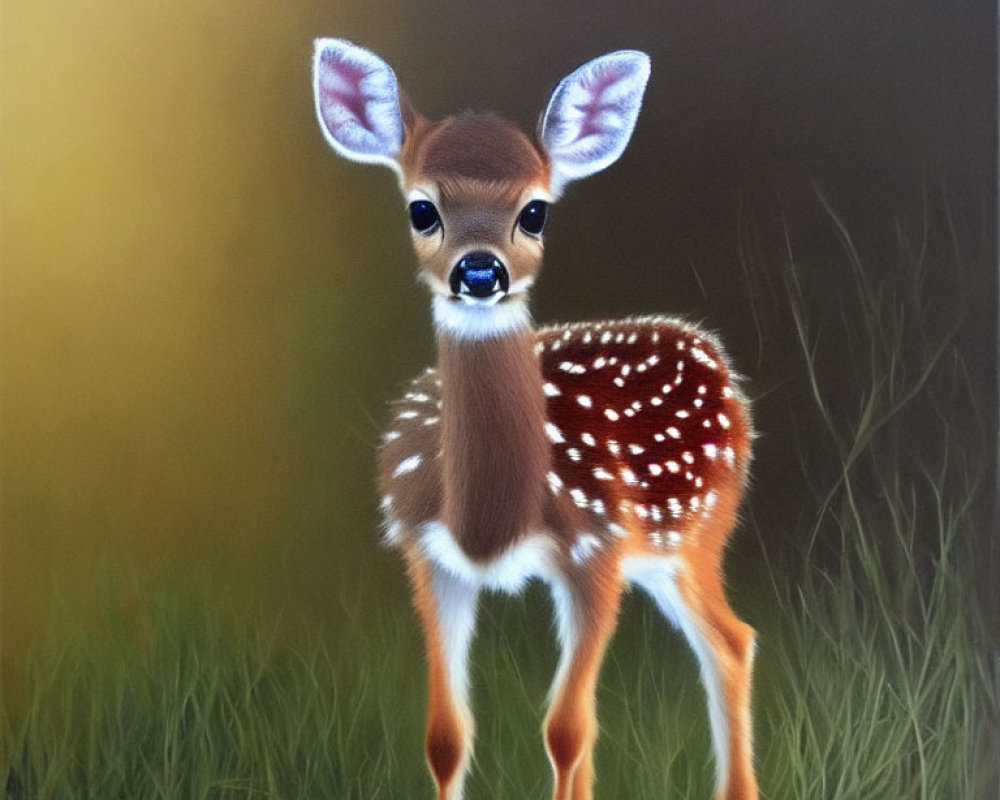 Young fawn painting in field with large eyes and soft brown fur