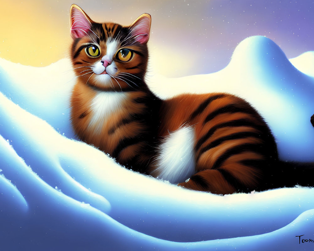 Tabby cat with striking eyes in snowy blue and white whimsical landscape