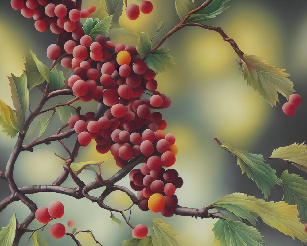 Detailed Illustration of Ripe Red Berries on Lush Berry Bush