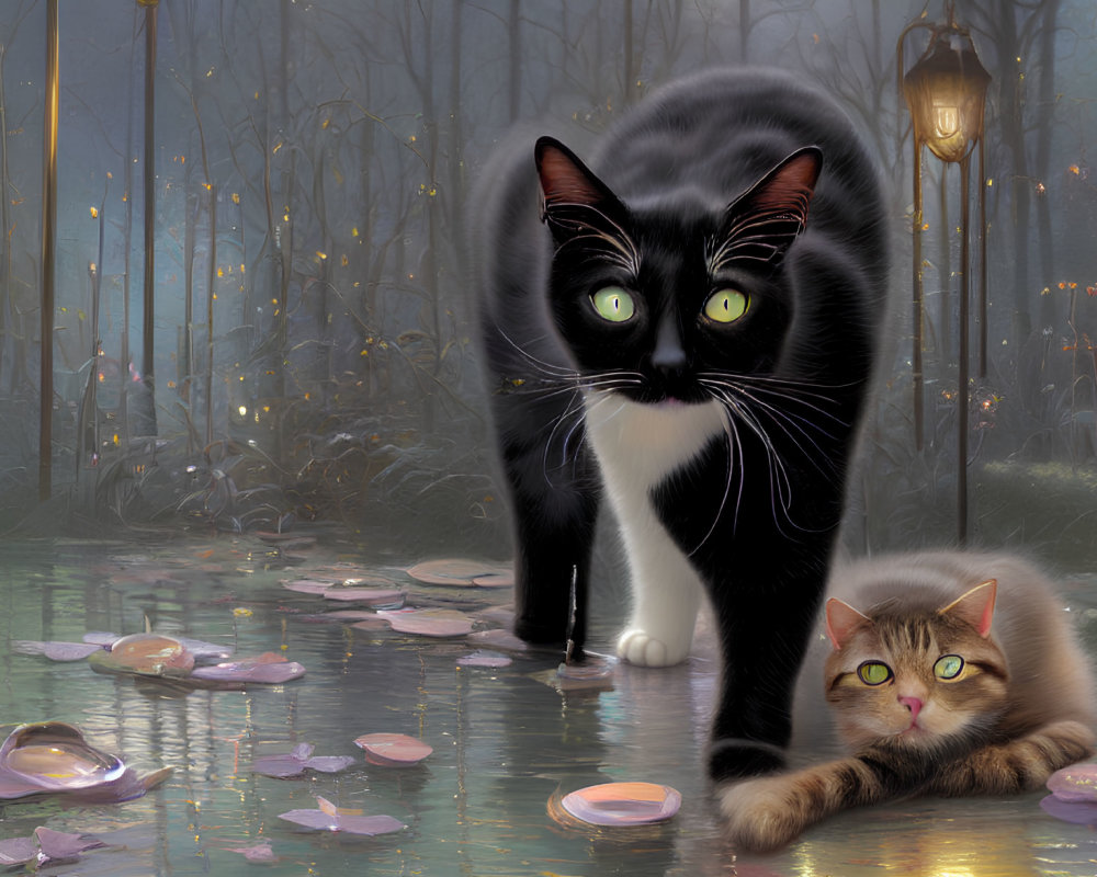 Digital artwork featuring two cats with green eyes by a pond with lily pads, lantern, and mist