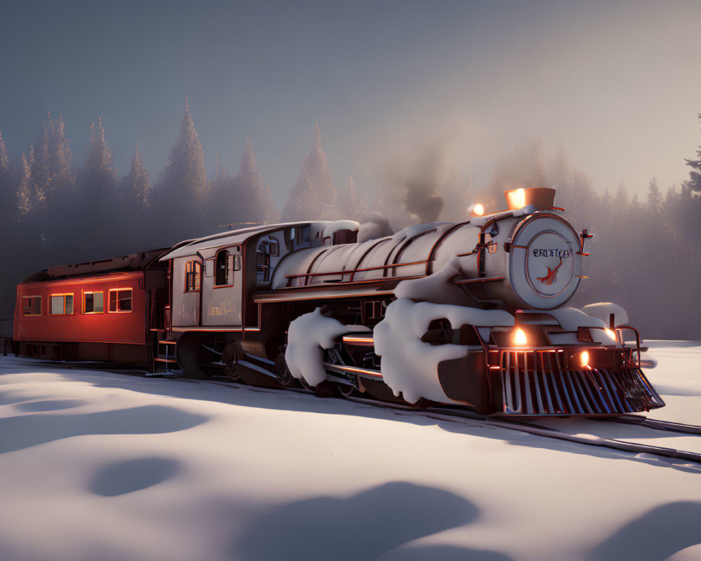 Vintage steam train travels through snowy forest at dawn.