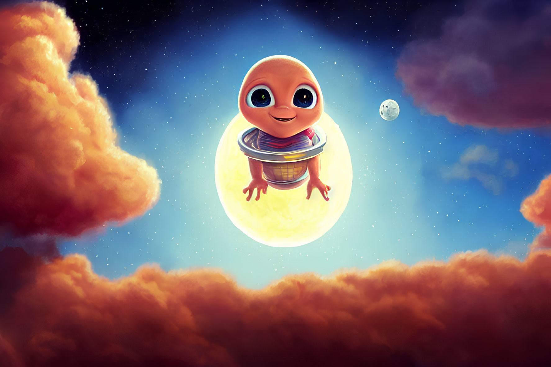 Cute alien character floating on crescent above clouds