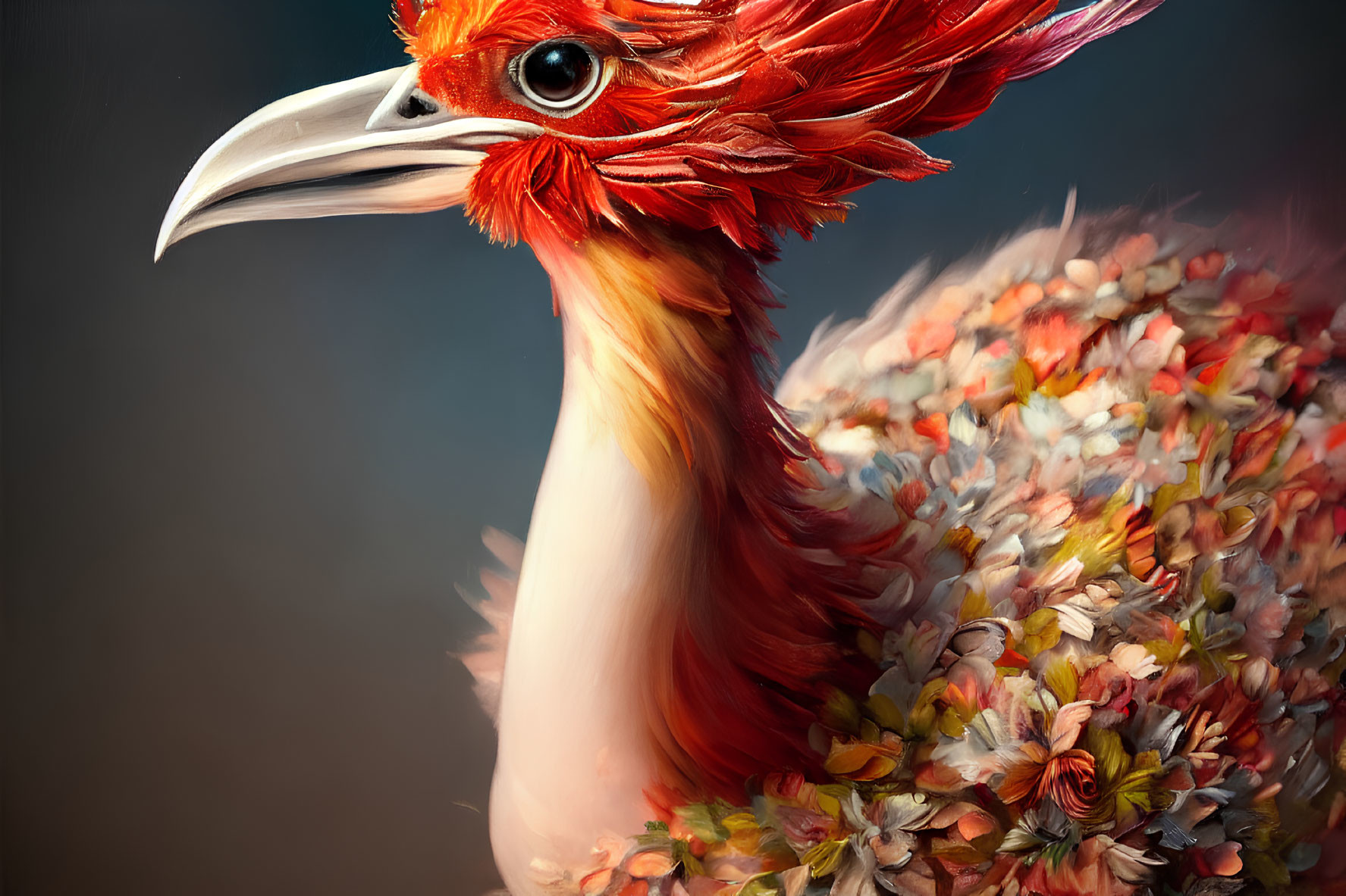 Vibrant bird artwork with white beak and red feathers among floral textures