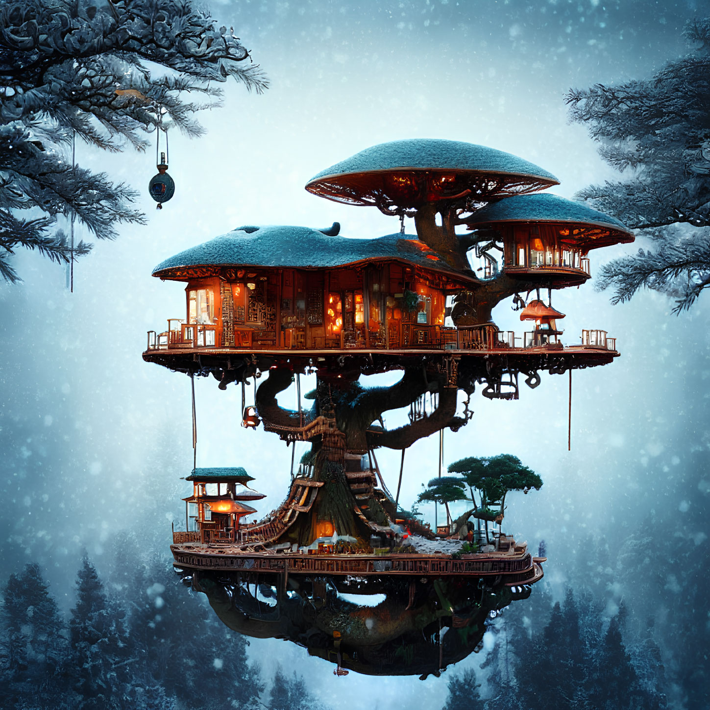 Floating treehouse with multiple levels in snowy landscape & cable car overhead