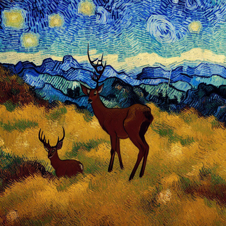 Stylized deer in Van Gogh-inspired starry night landscape