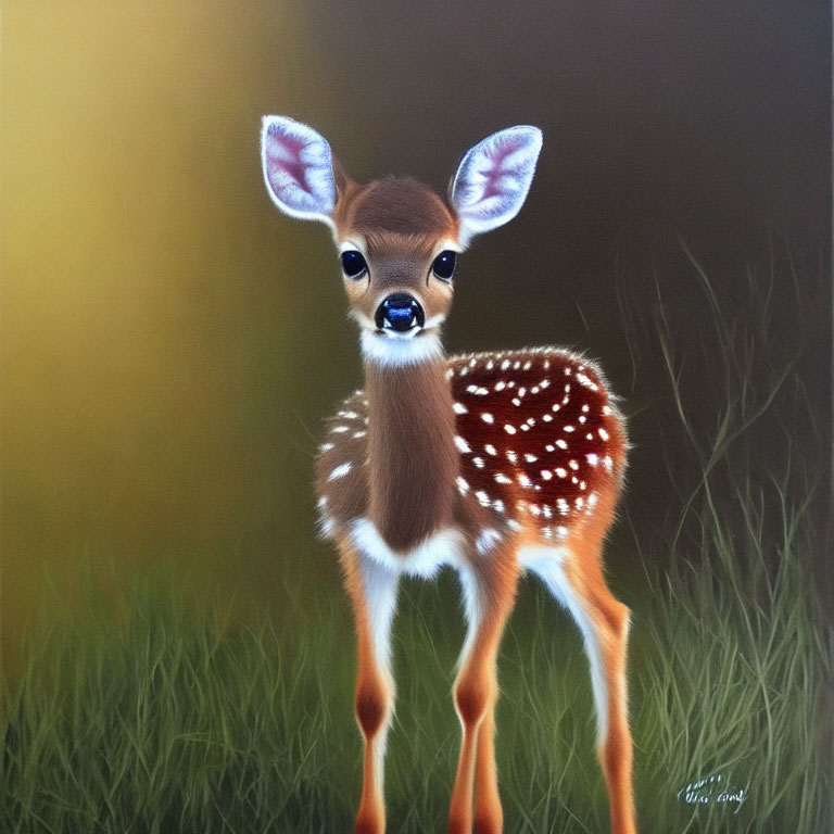 Young fawn painting in field with large eyes and soft brown fur