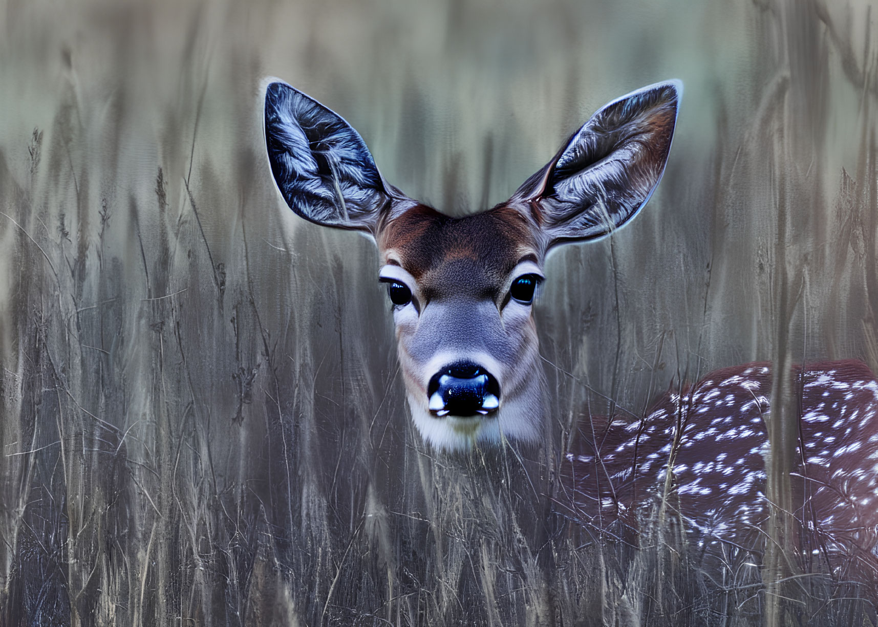 Young deer with white spots blending into tall grass landscape