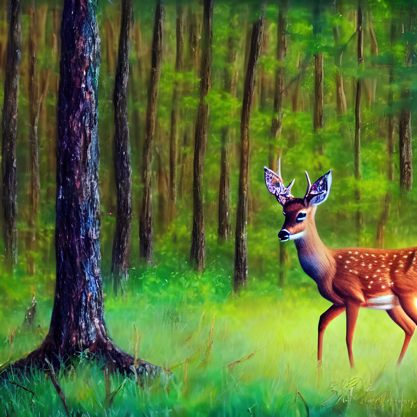 Digital Artwork: Young Deer with Illuminated Antlers in Vibrant Forest