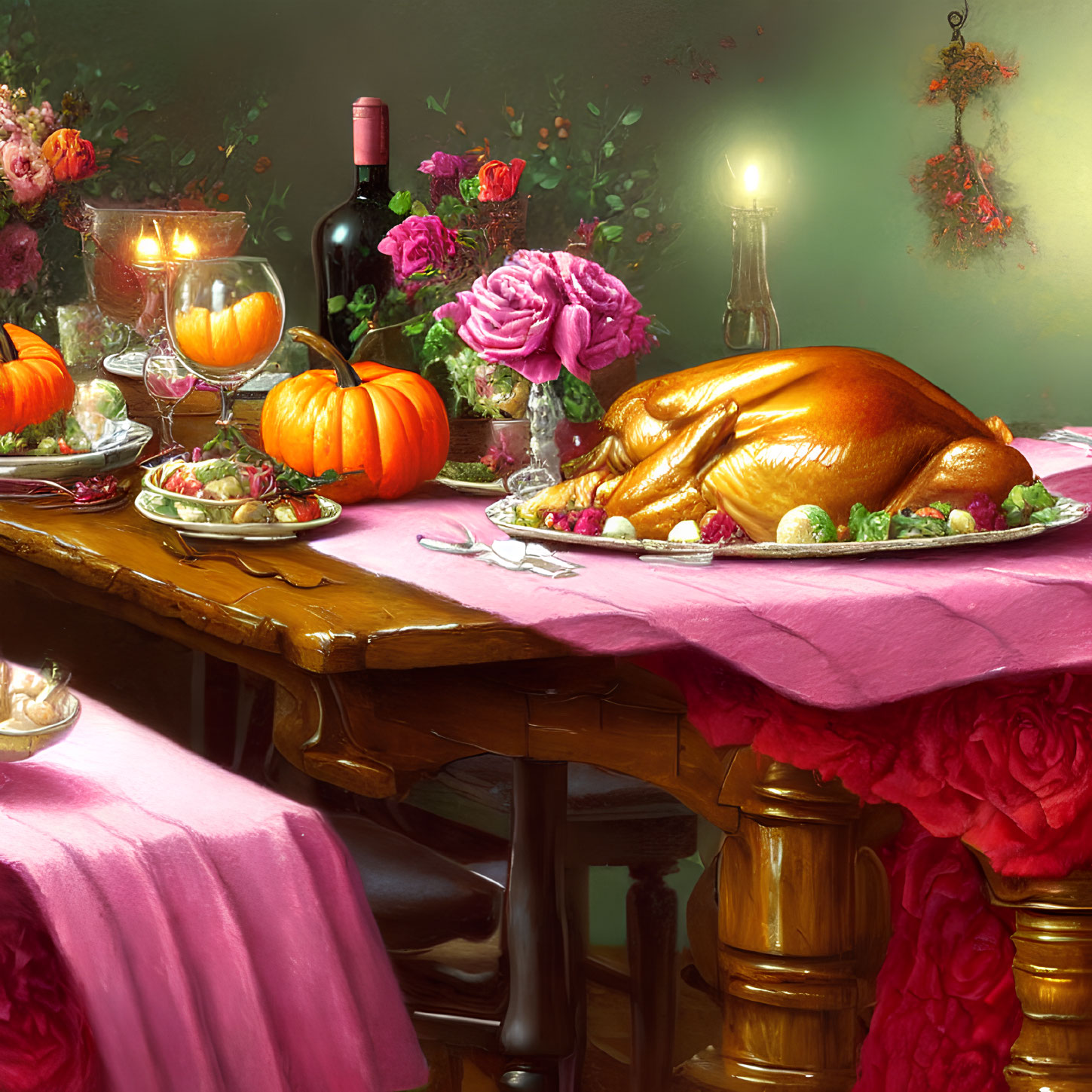 Festive Thanksgiving table with roasted turkey, wine, candlelight, flowers, and pumpkins