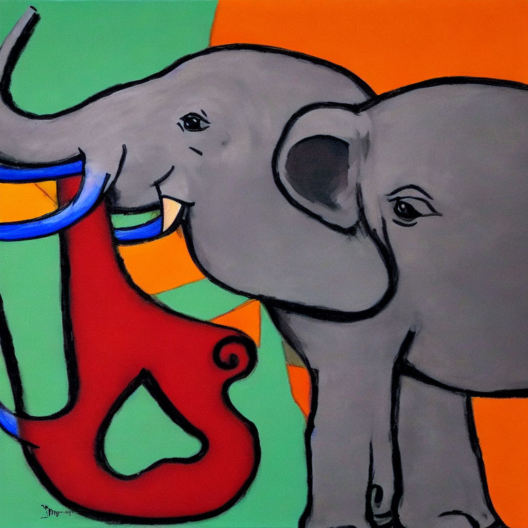 Vibrant painting featuring stylized elephants on colorful backdrop