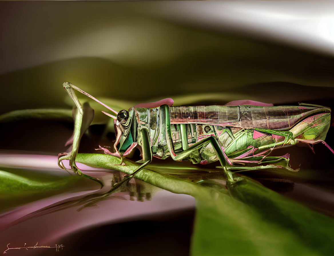 Detailed Close-Up of Green Grasshopper with Pink Highlights on Leaf