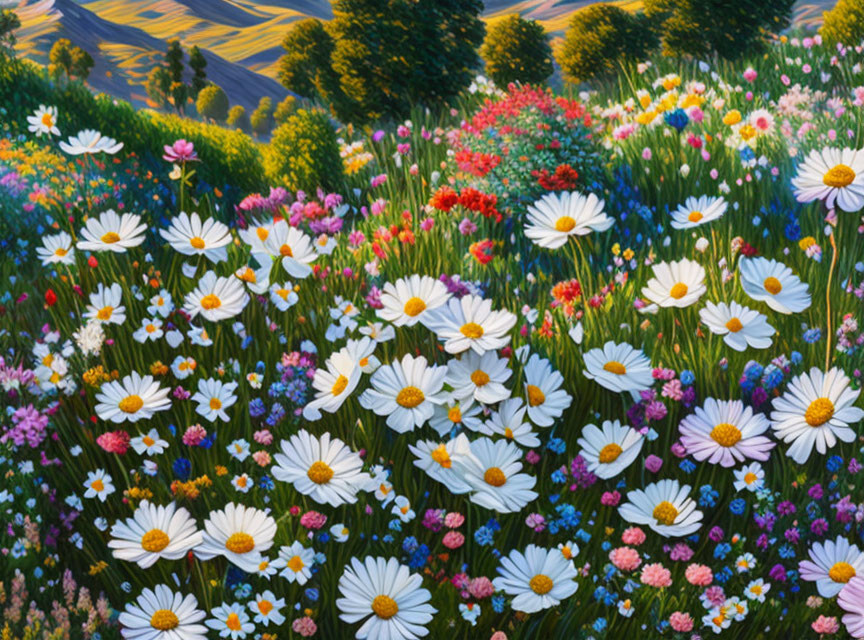 Colorful wildflowers and dominant daisies with rolling hills under soft light