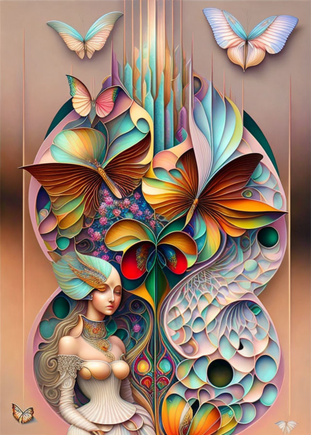 Colorful surreal artwork: Woman with butterfly wings and patterns, surrounded by floating butterflies.