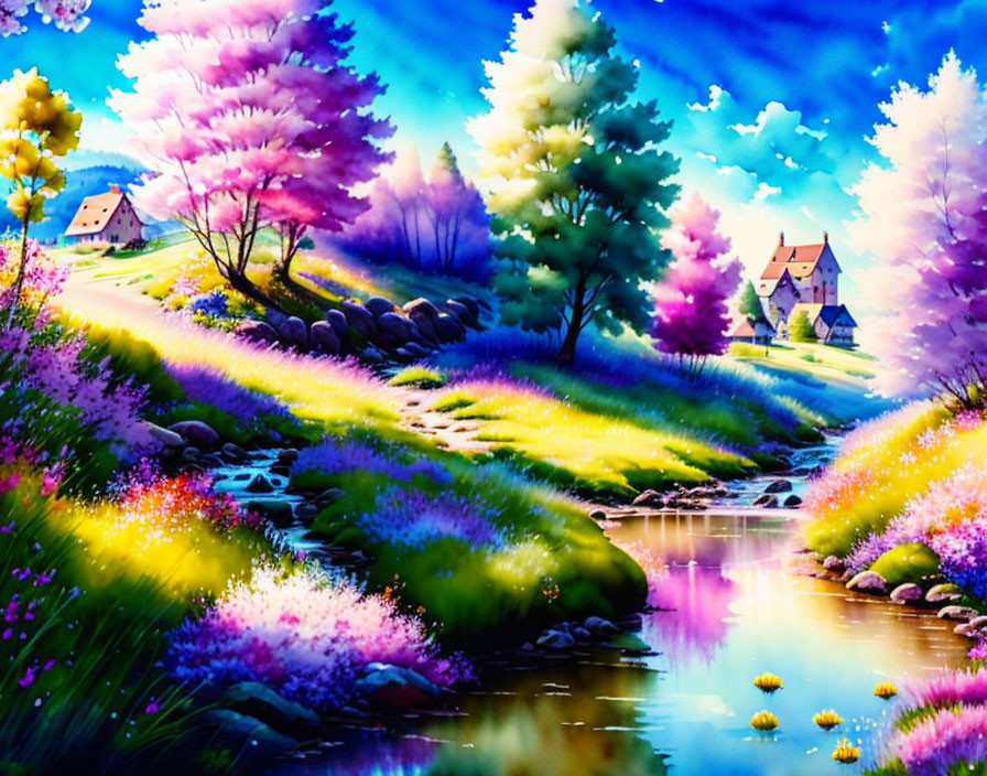 Colorful landscape painting: Purple and pink trees, stream, quaint houses in a blooming setting