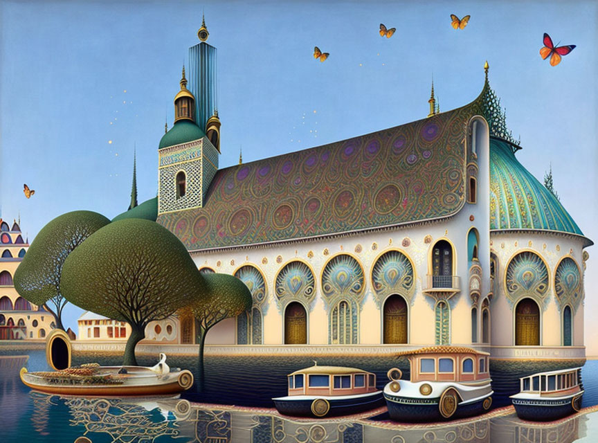 Colorful illustration: ornate building, mosaic facade, domed roofs, butterflies, serene river,