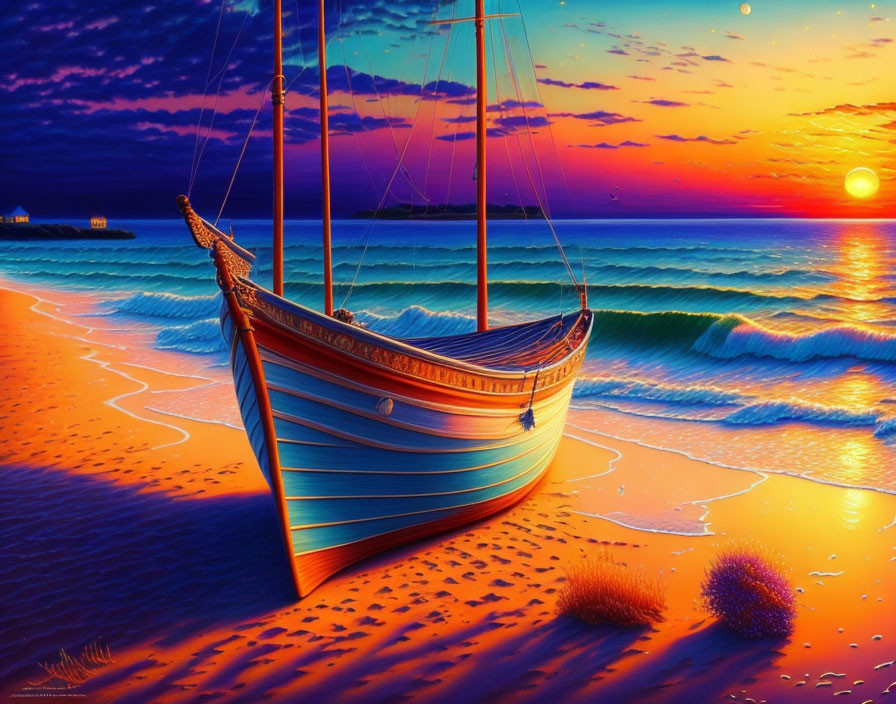 Colorful Sailboat Painting at Sunset Beach