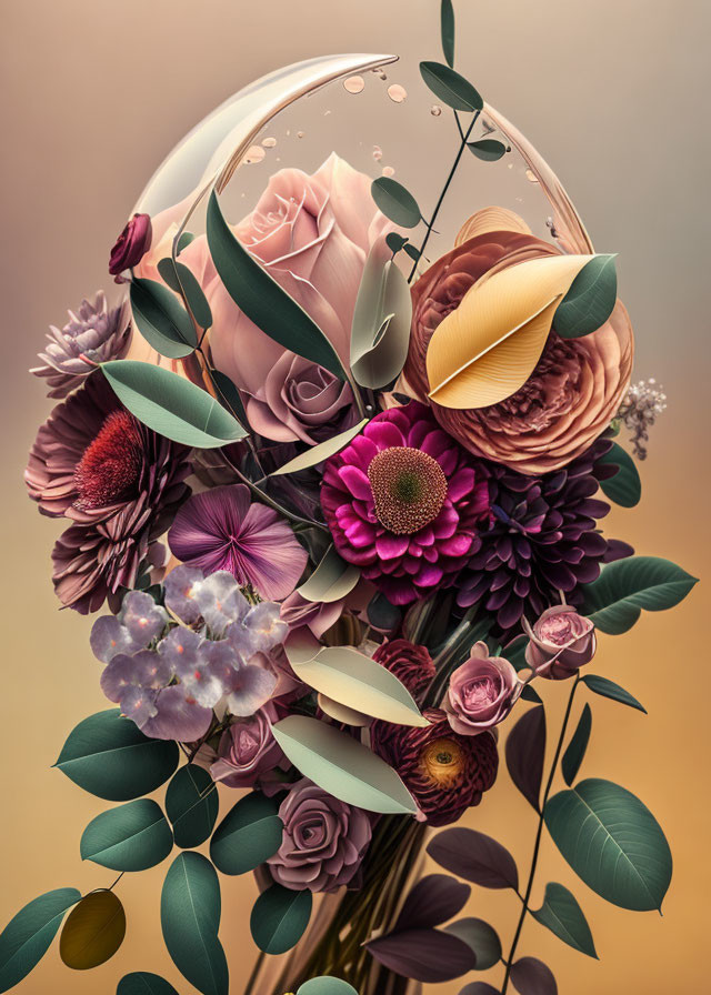 Abstract digital art: Stylized flowers in muted tones with crescent shape.
