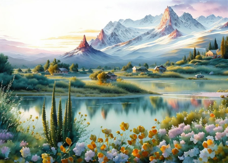 Snow-capped mountains, reflective lake, blooming flowers, cottages in serene landscape