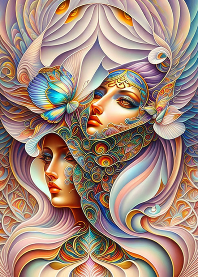 Colorful stylized artwork: Two female faces, swirling patterns, flowers, and butterfly motif