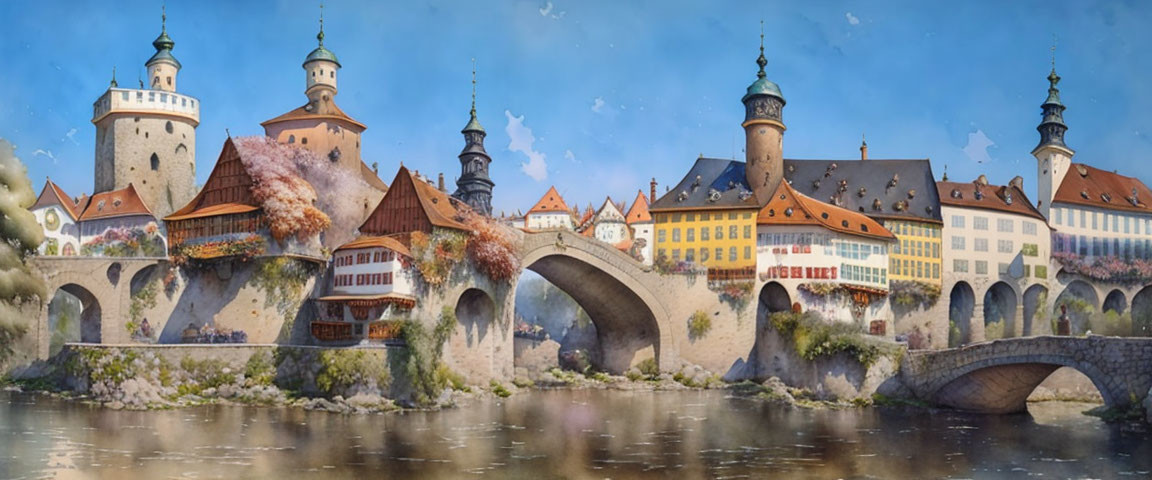 Medieval European town with colorful houses and spired towers by river.