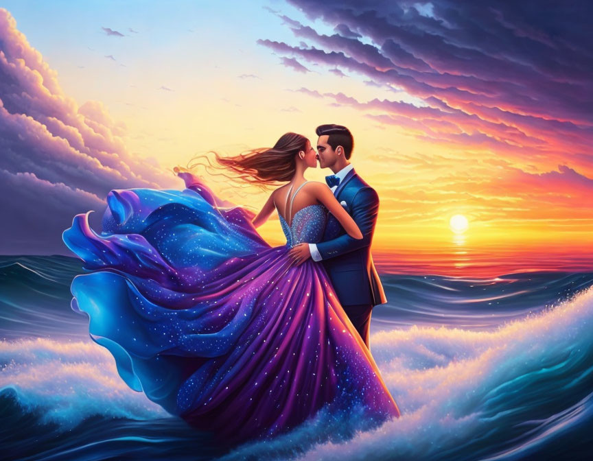 Couple embracing in dance on ocean at sunset with woman's starry dress