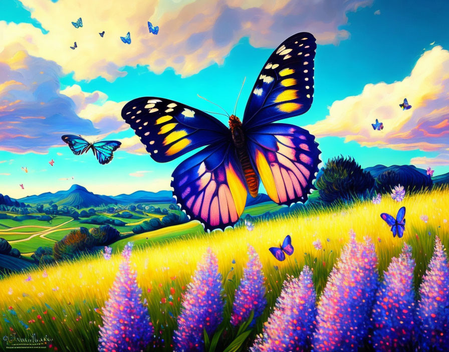 Colorful butterfly illustration in meadow under sunset sky