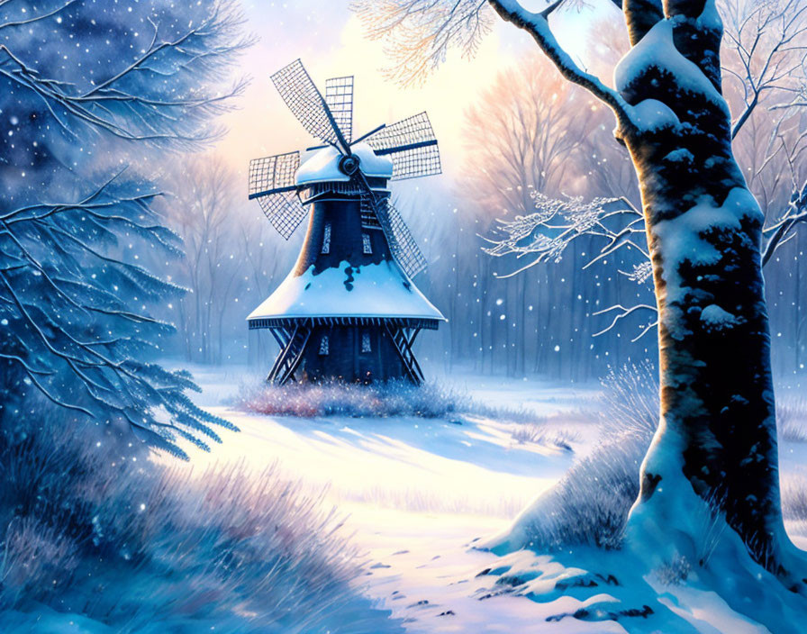 Traditional windmill in snowy twilight with falling snowflakes