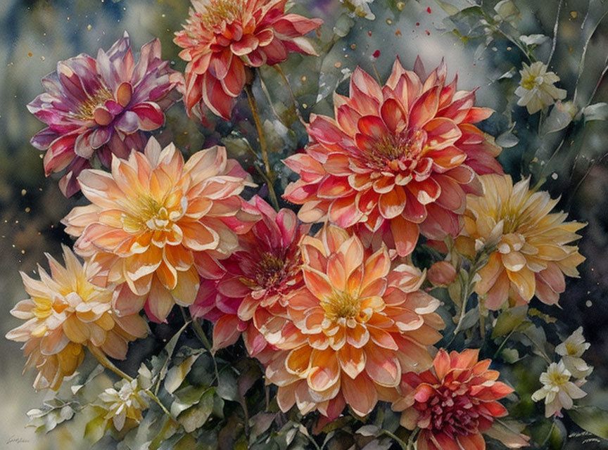 Colorful Watercolor Dahlias in Red, Pink, and Yellow