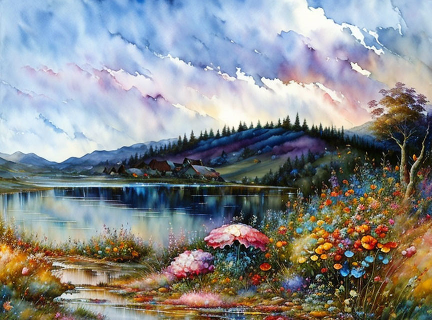 Serene lakeside landscape with flowers, cottage, hills, and cloudy sky