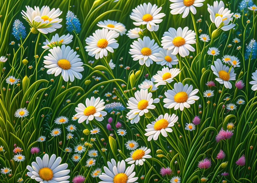Lush Green Meadow with White Daisies and Pink & Blue Flowers