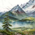 Tranquil lake scene with mountains, village, tree, hills, and cloudy sky