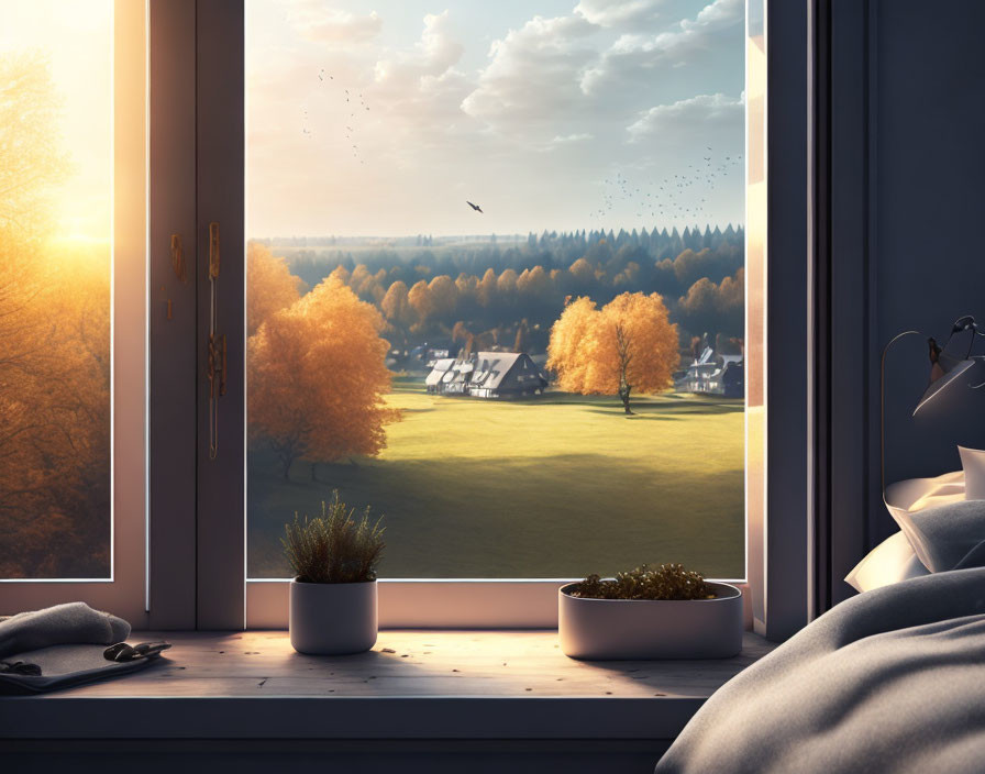 Tranquil sunrise window view of autumn village landscape