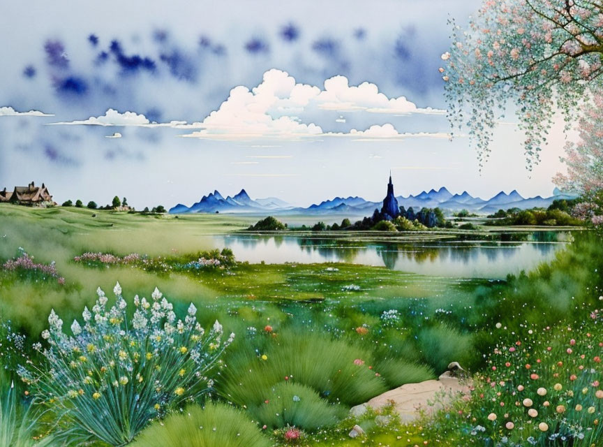 Tranquil landscape with lake, mountains, greenery, and castle under cloudy sky