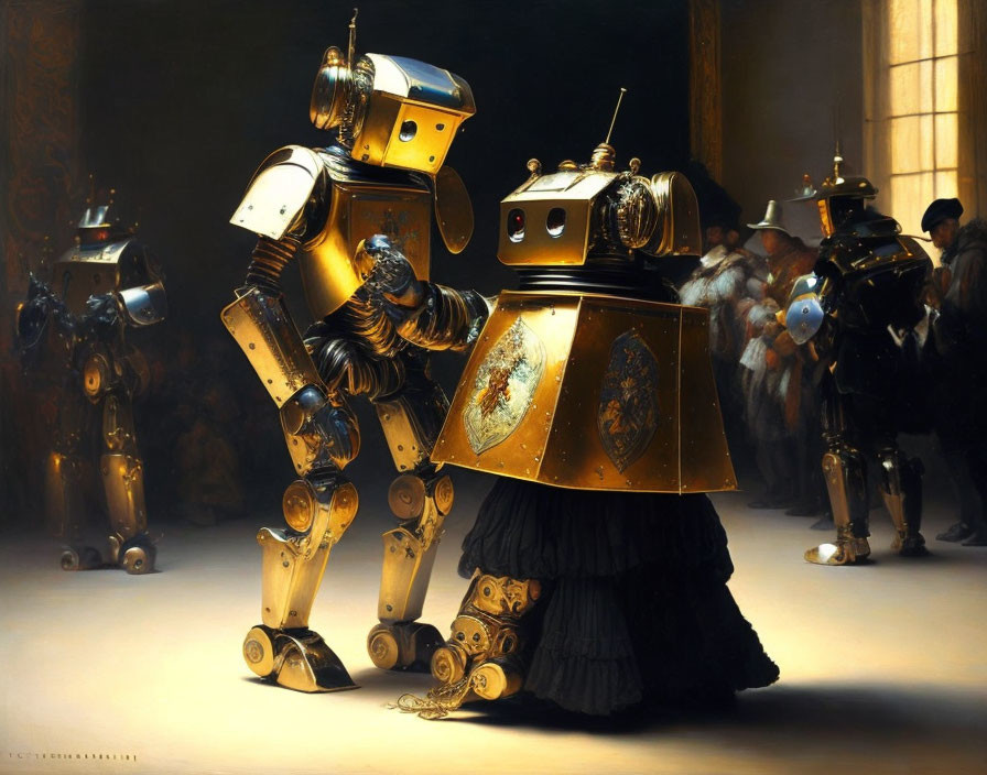Vintage Baroque-themed robots in elegant attire with observers.