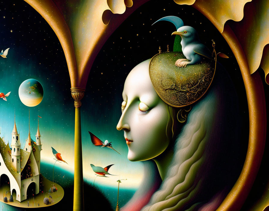 Surreal painting of woman's profile with castle and celestial background