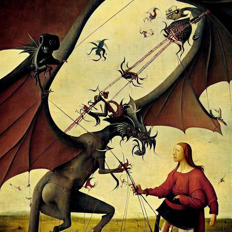 Surreal artwork featuring central figure tethered to winged demons