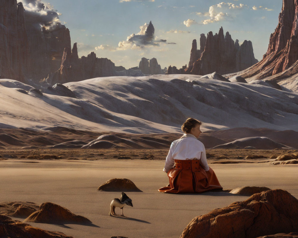 Person in Red Garment Sitting in Desert with Penguin Companion and Rock Formations
