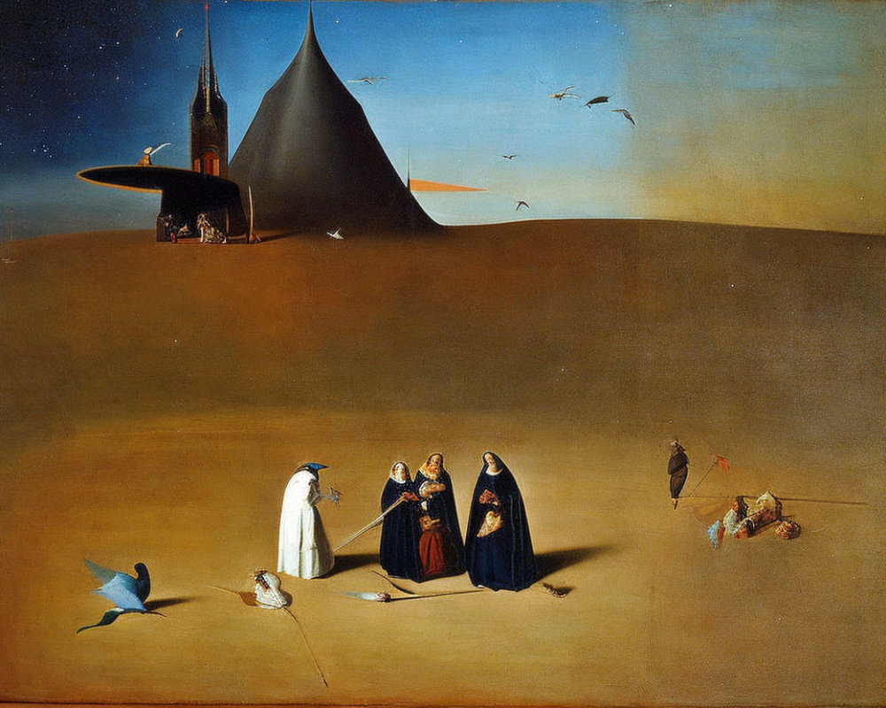 Surreal painting featuring figures in traditional dress, tent, church, rocks, and birds in desert