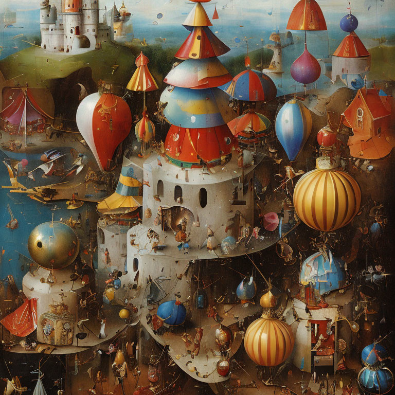 Surreal painting: Floating castle with colorful turrets and airborne ships
