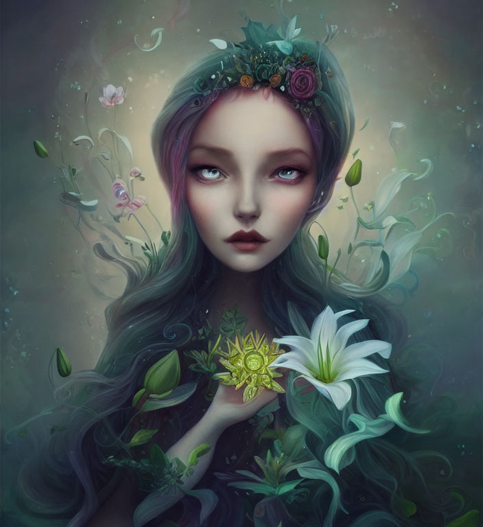 Violet-haired female figure with floral crown and glowing emblem in nature setting