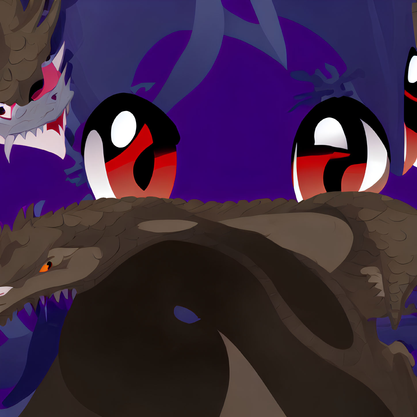 Three menacing cartoon dragons with glowing red eyes and sharp teeth in a dark setting.