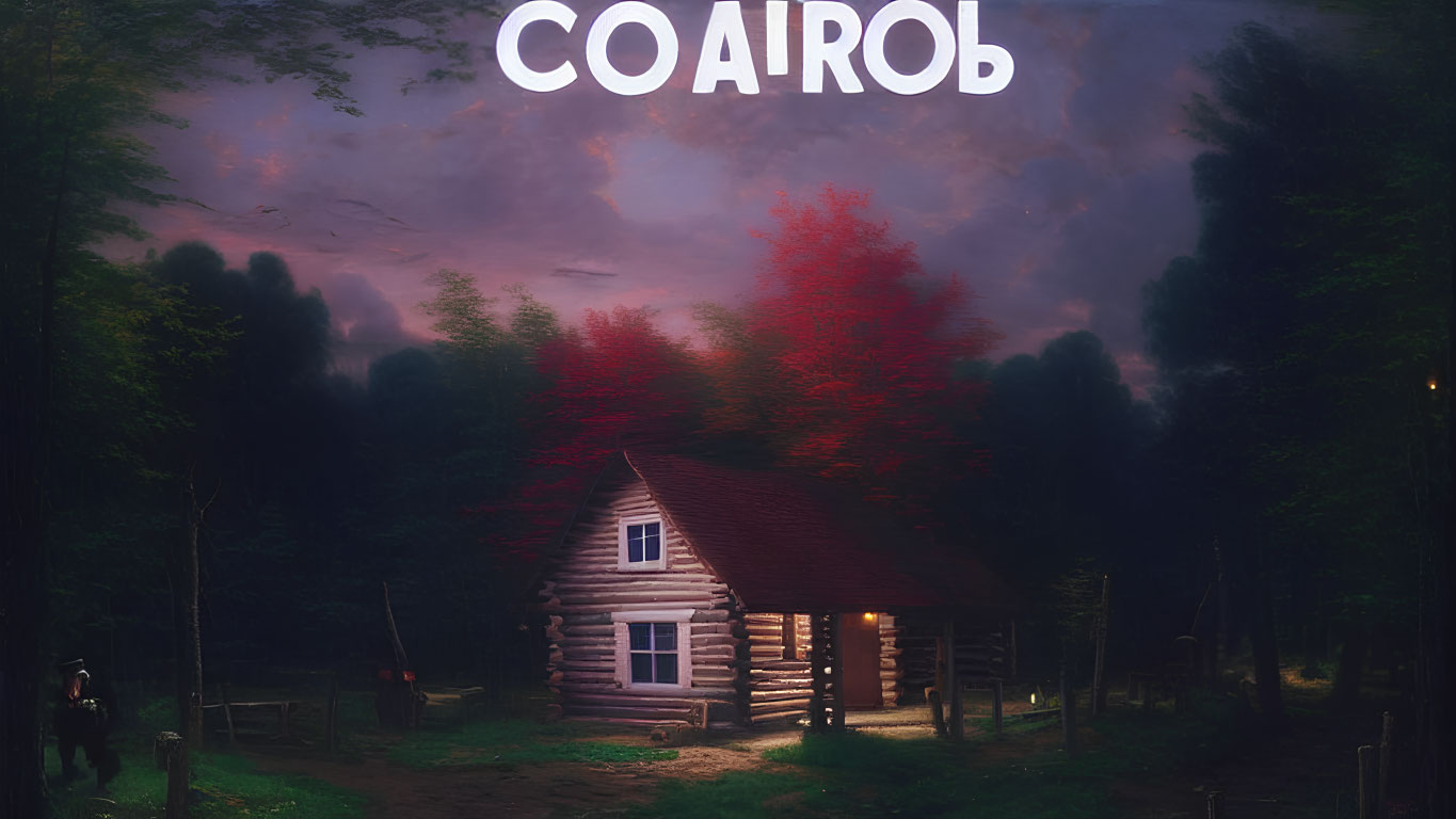 Twilight scene with glowing log cabin, "COAIROB" text overlay, and figures.