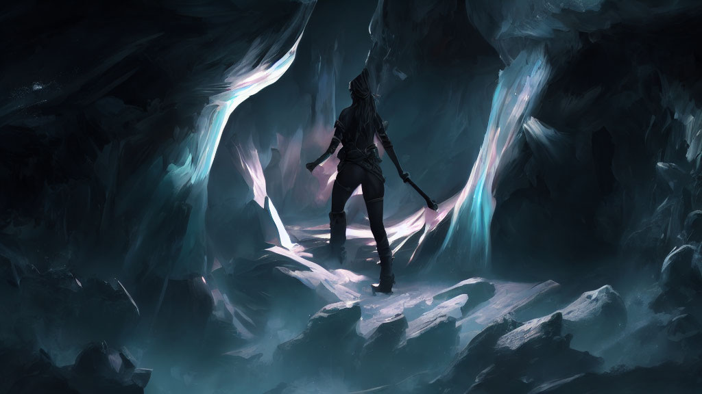 Solitary Figure in Glowing Ice Cave Wielding Staff