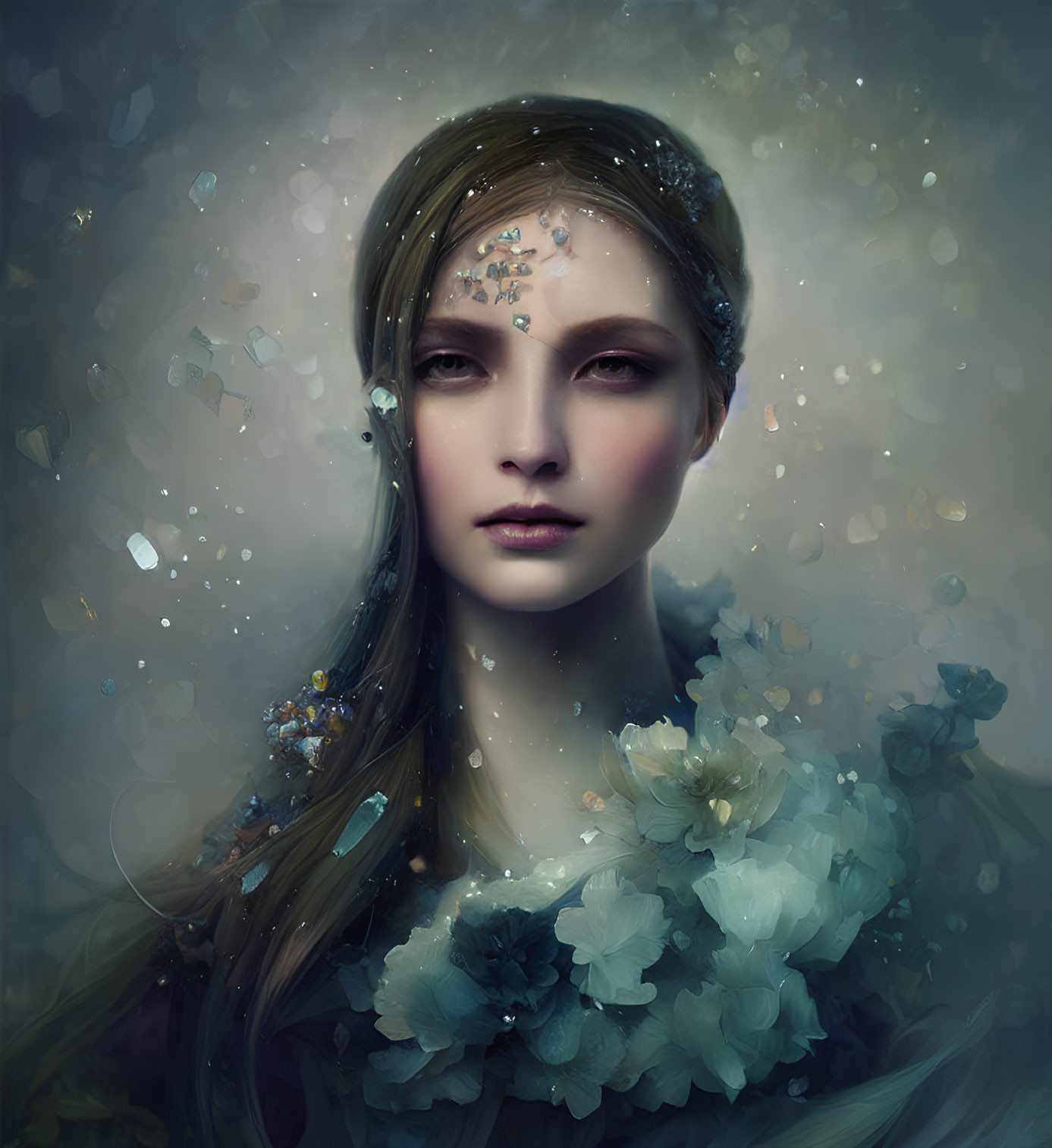 Ethereal portrait of a woman with flowers and crystals in dreamlike setting